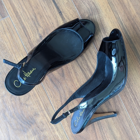 Cole Haan black patent leather open toe Slingback heels - Picture 2 of 3